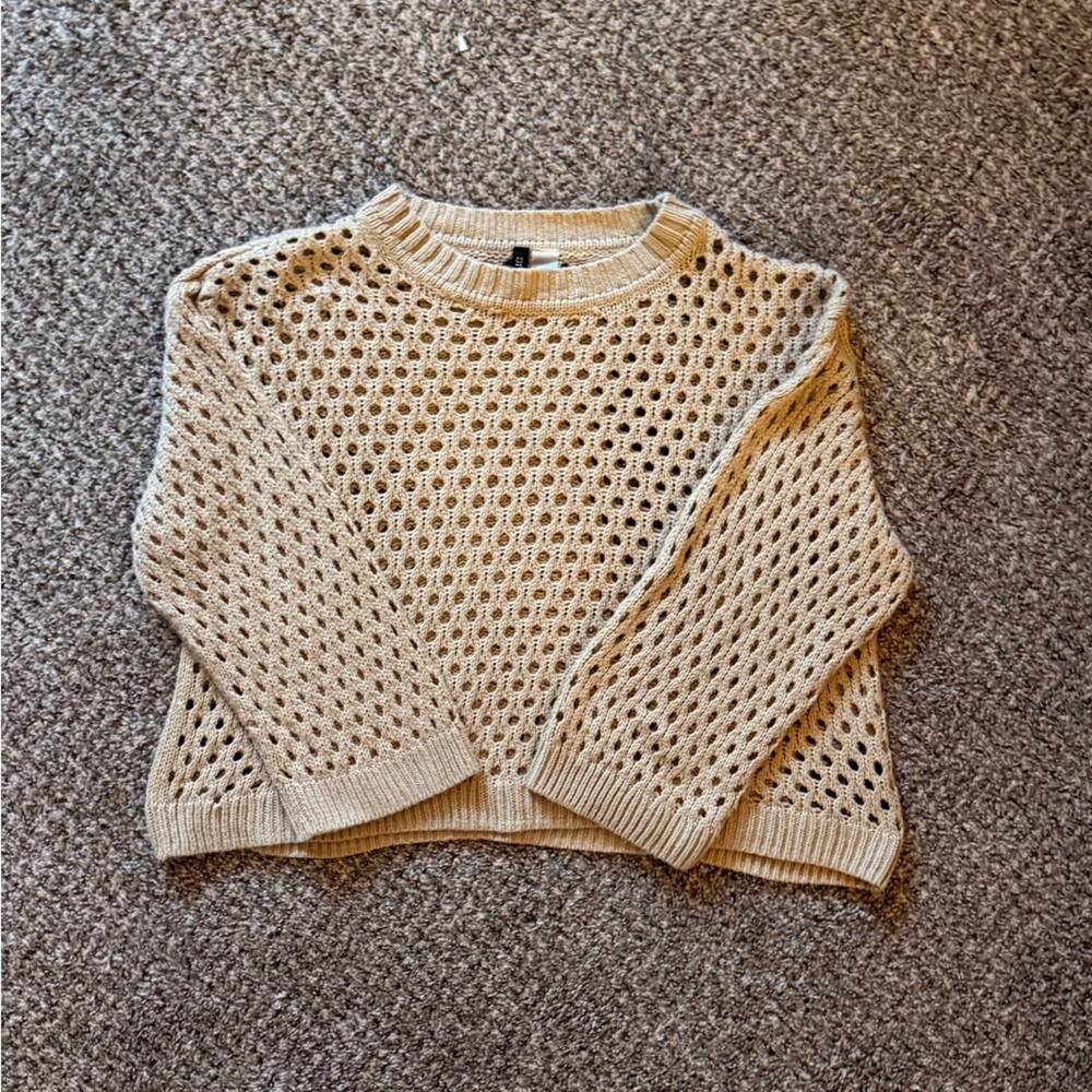 Cream Beige Mesh Knit Sweater